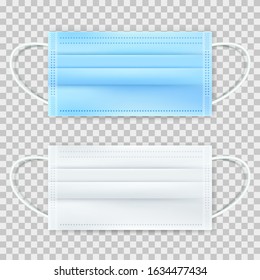 Surgical protective blue and white mask, isolated on transparent background. Vector 3d realistic illustration. Medical equipment for disease prevention.