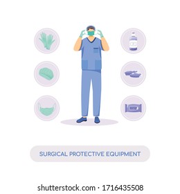 Surgical protective equipment flat concept vector illustration. Medical mask, gloves and antiseptics. Nurse, surgeon 2D cartoon character for web design. Disinfection and sterility creative idea