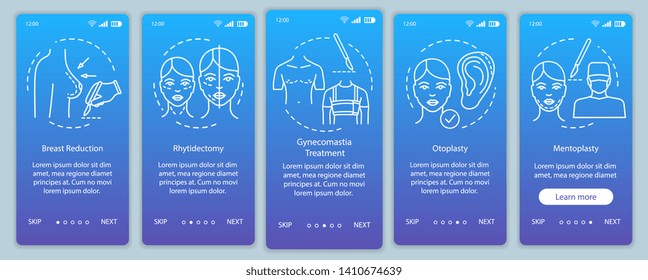 Surgical reconstruction services onboarding mobile app page screen vector template. Gynecomastia cure. Walkthrough website steps with linear illustrations. UX, UI, GUI smartphone interface concept