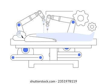 Surgical robot abstract concept vector illustration. Man lies on the operating table in hospital, robot-assisted surgery industry, modern technology, healthcare innovation abstract metaphor.