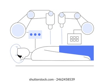 Robot quirúrgico aisló Ilustraciones vectoriales de dibujos animados. El hombre yace en la mesa de operaciones en el hospital, la cirugía asistida por robot, la industria, la tecnología moderna, la innovación en la atención sanitaria de dibujos animados de Vector.