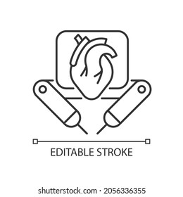 Surgical robot linear icon. Remote manipulation by surgeon. Robotic-assisted surgical procedure. Thin line customizable illustration. Contour symbol. Vector isolated outline drawing. Editable stroke