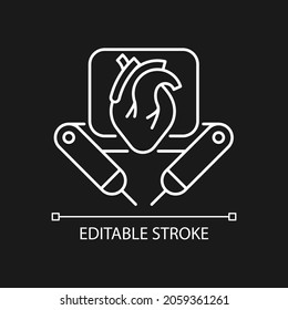 Surgical robot white linear icon for dark theme. Remote manipulation. Robotic-assisted procedure. Thin line customizable illustration. Isolated vector contour symbol for night mode. Editable stroke