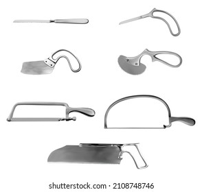 Sierras quirúrgicas. Charriere y Satterlee Bone sierras, sierras de cuchillos, Bergman y Engel de yeso, Metacarpal vio Langenbeck. Sombrero de arcuato de marco. Instrumento quirúrgico manual. Ilustración del vector 