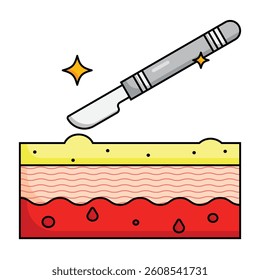 Surgical scalpel above skin cross-section, shown in clean flat illustration. Represents medical surgery and anatomy. Vector file suitable for health education, surgery guides, or clinics.