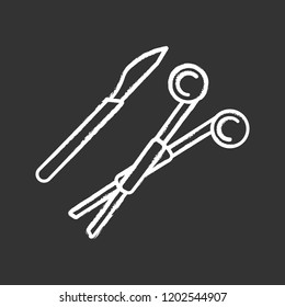 Surgical scalpel and clamp chalk icon. Surgical tools. Surgery instruments. Isolated vector chalkboard illustration