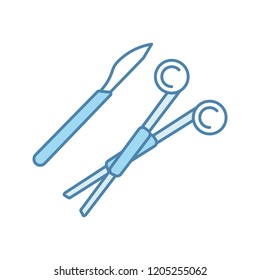 Surgical scalpel and clamp color icon. Surgical tools. Surgery instruments. Isolated vector illustration