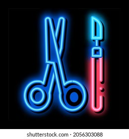 surgical scalpel and scissors neon light sign vector. Glowing bright icon surgical scalpel and scissors sign. transparent symbol illustration