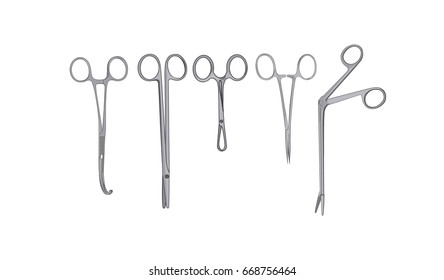 Surgical scissors and clamps isolated on white background. Medical instruments vector illustration.