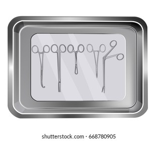 Surgical scissors and clamps on tray. Tray with medical instruments vector illustration.