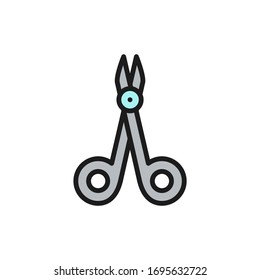 Surgical scissors, medical clamp, instruments for surgery flat color line icon.