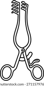 Retrator cirúrgico autossuficiente. Instrumento de pino afiado para exposição superficial do tecido. Ferramenta médica estéril. Ícone de contorno de vetor.