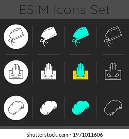 Surgical sterile uniform dark theme icons set. Doctor sterile cap. Hospital safety. Protective wear. Disposable PPE. Linear white, solid glyph and RGB color styles. Isolated vector illustrations