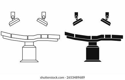 Surgical table icon set in outline, silhouette and solid style with overhead surgery lights. Ideal for medical, hospital, surgery, healthcare, apps, infographics, or web use.side view.