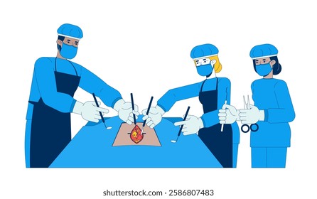 Surgical team in blue scrubs performing operation 2D cartoon characters. Diverse surgeons working together with scalpels isolated people flat vector on white background. Spot illustration colorful