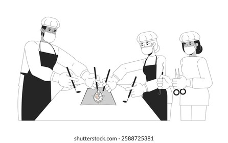 Surgical team in scrubs performing operation black and white 2D line characters. Diverse surgeons working together with scalpels isolated vector outline people. Monochromatic spot illustration