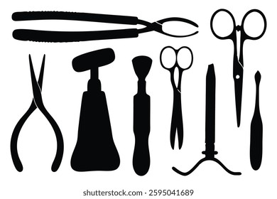 
Surgical tool silhouettes set isolated flat vector illustration on white background.