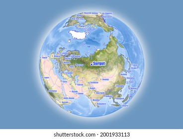 Surgut-Russia is shown on vector globe map. The map shows Surgut-Russia 's location in the world.