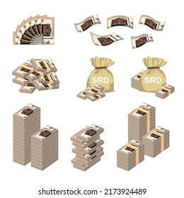 Surinam Dollar Vector Illustration. Huge packs of Suriname money set bundle banknotes. Bundle with cash bills. Deposit, wealth, accumulation and inheritance. Falling money 100 SRD