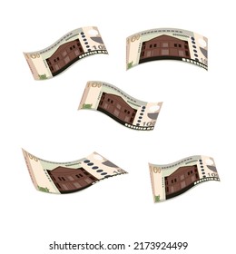 Surinam Dollar Vector Illustration. Suriname money set bundle banknotes. Falling, flying money 100 SRD. Flat style. Isolated on white background. Simple minimal design.
