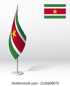 SURINAM flag on flagpole for registration of solemn event, meeting foreign guests. SURINAME National independence day. Realistic 3D vector on white