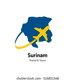 Surinam Travel and Tours logo. Vector travel company logo design - Country map Leisure travel logo template. Tourism emblem, leisure center - vector illustration