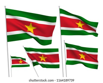 Surinam vector flags set. 5 different wavy fabric 3D flags fluttering on the wind. EPS 8 created using gradient meshes isolated on white background. Five design elements from world collection
