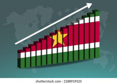 Gráfica gráfica de barras 3D de Surinam, flecha ascendente sobre datos, concepto de estadísticas de país, bandera de Surinam en gráfico de barras 3D, valores crecientes, idea de pancarta de noticias