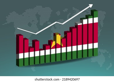 Suriname 3D bar chart graph with ups and downs, increasing values, Suriname country flag on 3D bar graph, upward rising arrow on data, news banner idea, developing country concept