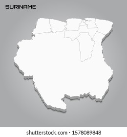 Suriname 3d map with borders of regions. Vector illustration