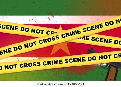 Banner vectorial de ataque armado de Suriname, concepto de disparos de noticias, asalto armado con armas y mancha de sangre en la bandera de Suriname, cinta amarilla de la policía, composición de la escena del crimen, vista superior, diseño plano