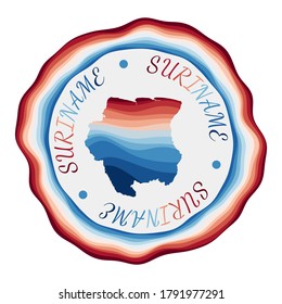 Suriname badge. Map of the country with beautiful geometric waves and vibrant red blue frame. Vivid round Suriname logo. Vector illustration.