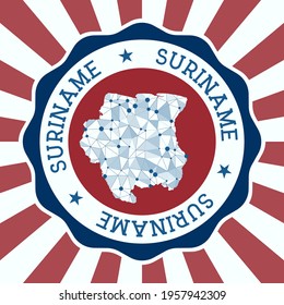 Suriname Badge. Round logo of country with triangular mesh map and radial rays. EPS10 Vector.