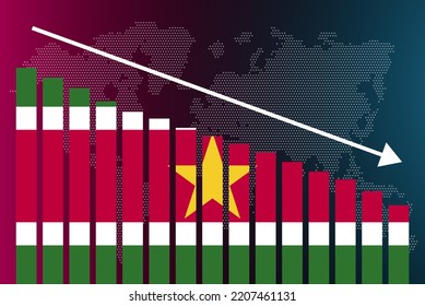 Suriname Bar Chart Graph, Decreasing Values, Crisis And Downgrade Concept, Suriname Flag On Bar Graph, Down Arrow On Data, News Banner Idea, Fail And Decrease, Financial Statistic