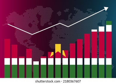 Suriname bar chart graph with ups and downs, increasing values, Suriname country flag on bar graph, upward rising arrow on data, news banner idea, developing country concept