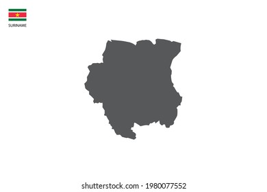 Mapa de la sombra negra de Surinam aislado en fondo blanco con la bandera del icono de Surinam en la esquina izquierda.