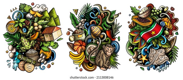 Suriname cartoon vector doodle designs set. Colorful detailed compositions with lot of traditional symbols. Isolated on white illustrations