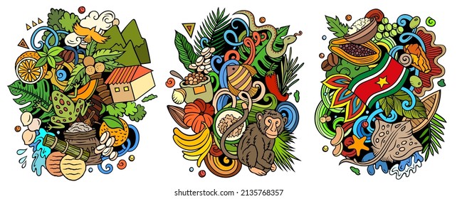 Diseños de dibujos animados de Surinam para el doodle vectorial. Coloridas composiciones detalladas con muchos símbolos tradicionales. Isolación en ilustraciones blancas