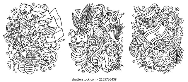 Suriname cartoon vector doodle designs set. Sketchy detailed compositions with lot of traditional symbols. Isolated on white illustrations