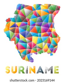 Suriname - colorful low poly country shape. Multicolor geometric triangles. Modern trendy design. Vector illustration.