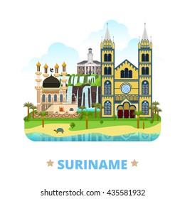 Suriname country flat cartoon style historic sight showplace web site vector illustration. World vacation travel South America collection. Mosque Kiezerstraat Statue Pengel St Peter and Paul Basilica.