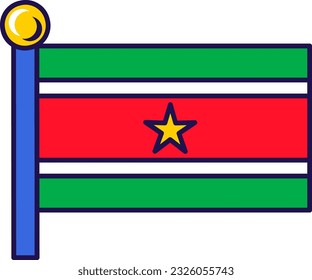 Suriname country nation flag on flagpole vector. Horizontal triband of green, white and red color with yellow star at center of republic symbol. South america region flat cartoon illustration