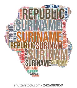 Suriname country shape word cloud. Typography style country illustration. Suriname image in text cloud style. Vector illustration.