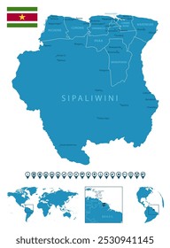 Suriname - detailed blue country map with cities, regions, location on world map and globe. Infographic icons. Vector illustration