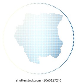 Suriname digital badge. Dotted style map of Suriname in circle. Tech icon of the country with gradiented dots. Trendy vector illustration.