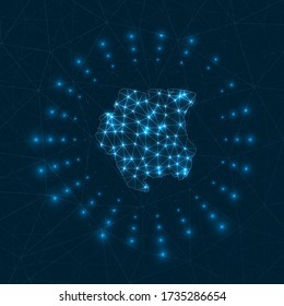 Suriname digital map. Glowing rays radiating from the country. Network connections and telecommunication design. Vector illustration.