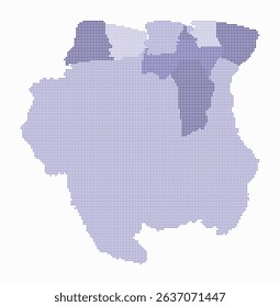 Suriname dotted map. Digital style map of the country on white background. Suriname shape with circle dots. Colored dots style. Small size circles. Simple vector illustration.