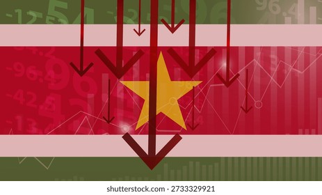 Colapso económico de Surinam, valores decrecientes con monedas, crisis y concepto de degradación, bandera de Surinam con cambios, flecha que cae, idea de Anuncio de noticias, falla y disminución, declive financiero