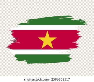 Suriname Flag with Brushstroke Effect Featuring Star Symbol. National Colors of Green, Red, White, and Yellow Representing Independence and Patriotism. Grunge Style Design for Country Identity and