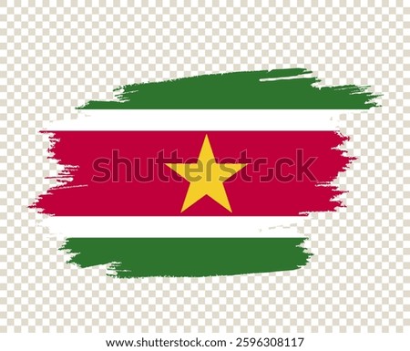 Suriname Flag with Brushstroke Effect Featuring Star Symbol. National Colors of Green, Red, White, and Yellow Representing Independence and Patriotism. Grunge Style Design for Country Identity and